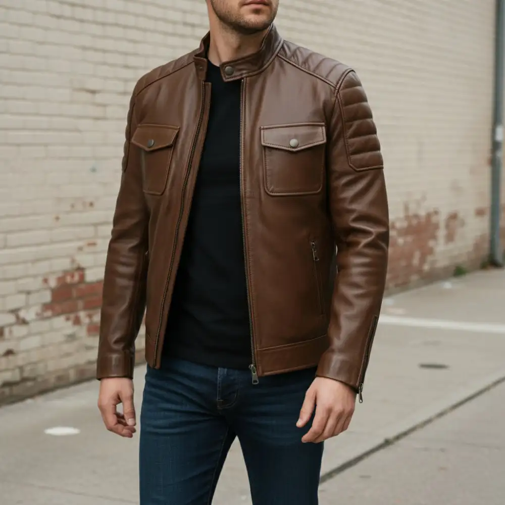 Structured Leather Biker Motorcycle Multi Pocket Jacket