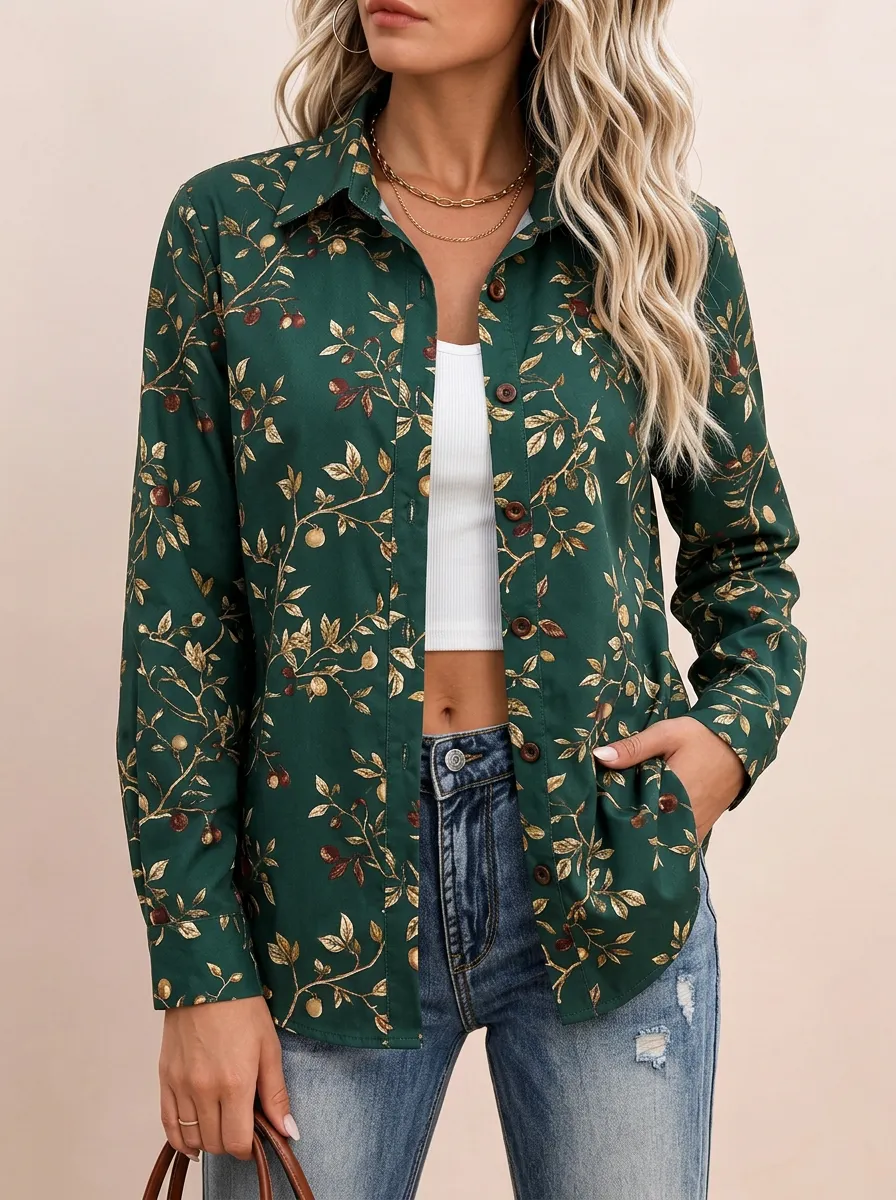 Women's Relaxed Fruit-Branch Point-Collar Long-Sleeve Button-Down Shirt
