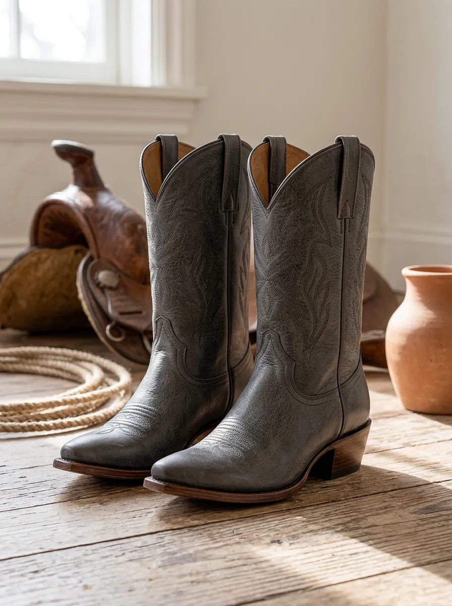 Unisex Western Cowboy Embroidered Grey Leather Boots