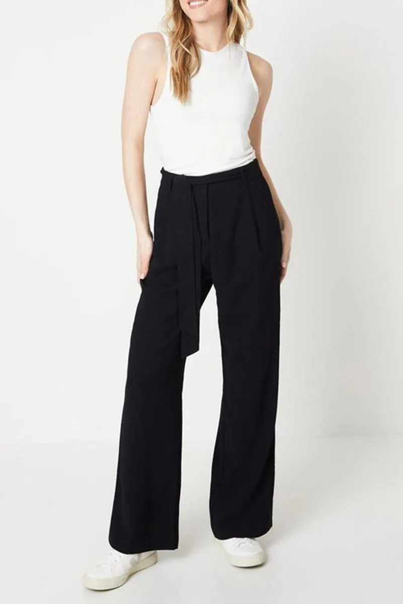 Casual Style Belted Wide Leg Black Trouser