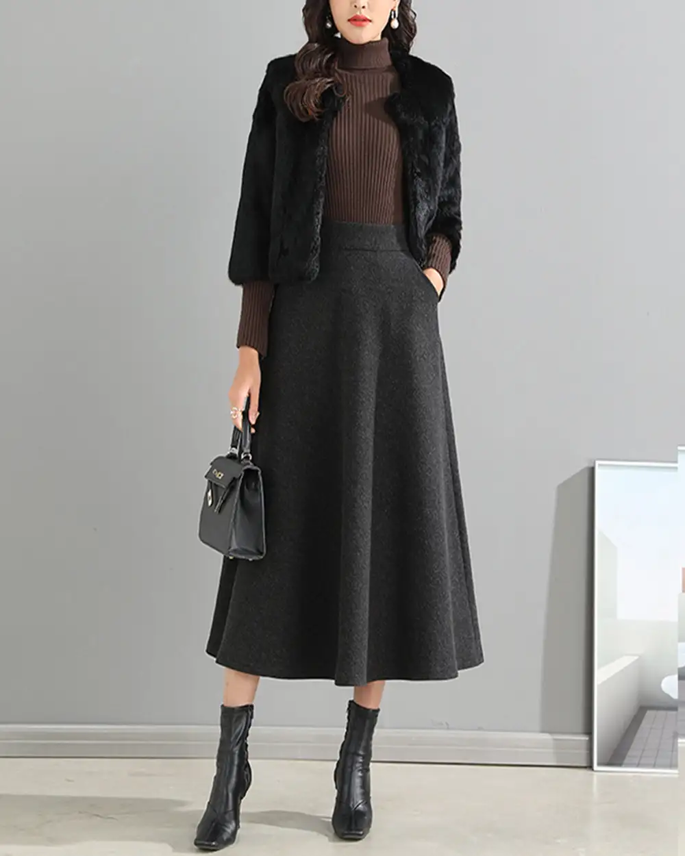 Pocketed Wool A Line Maxi Skirt