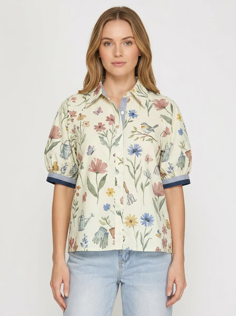 Women's Garden Lover Floral Bird Gardening Tools Graphic Blouse