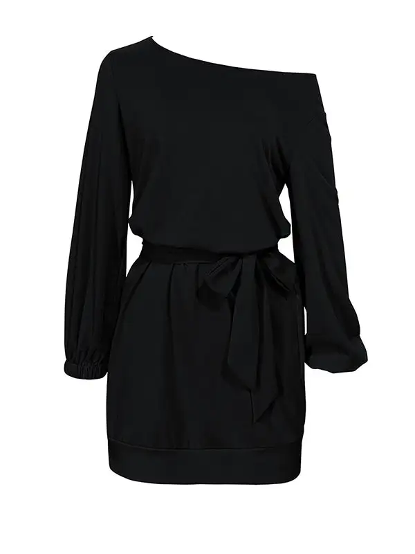 Long Sleeve Relaxed Elasticity Solid Color Tied Waist One Shoulder Mini