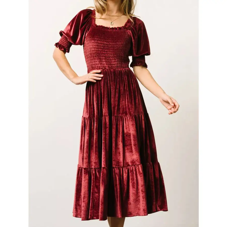 Velvet Smocked Tiered Midi Dress
