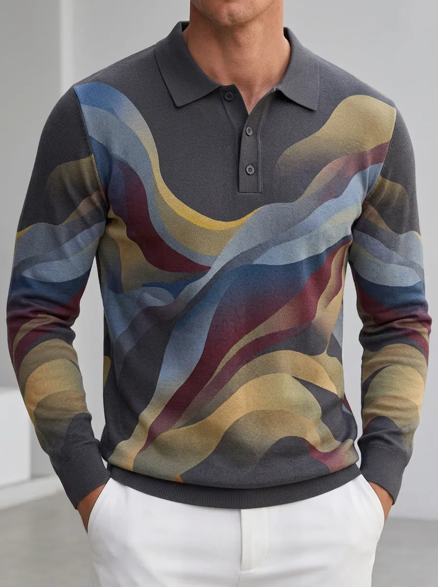 Men's Abstract Wave Pattern Printed Long Sleeve Polo Shirt Everyday Design