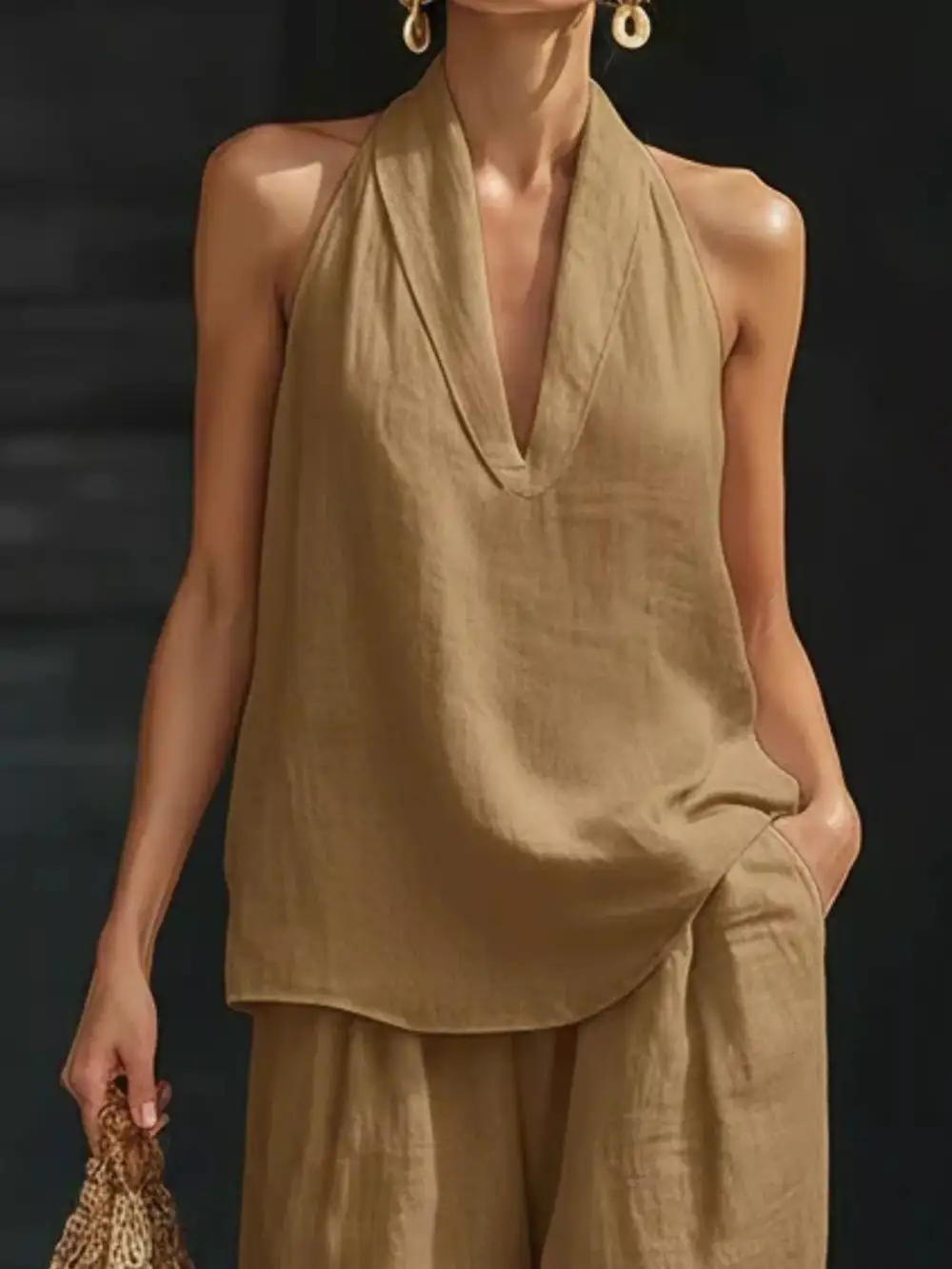 Halter Neck Top and Wide Leg Pants Set