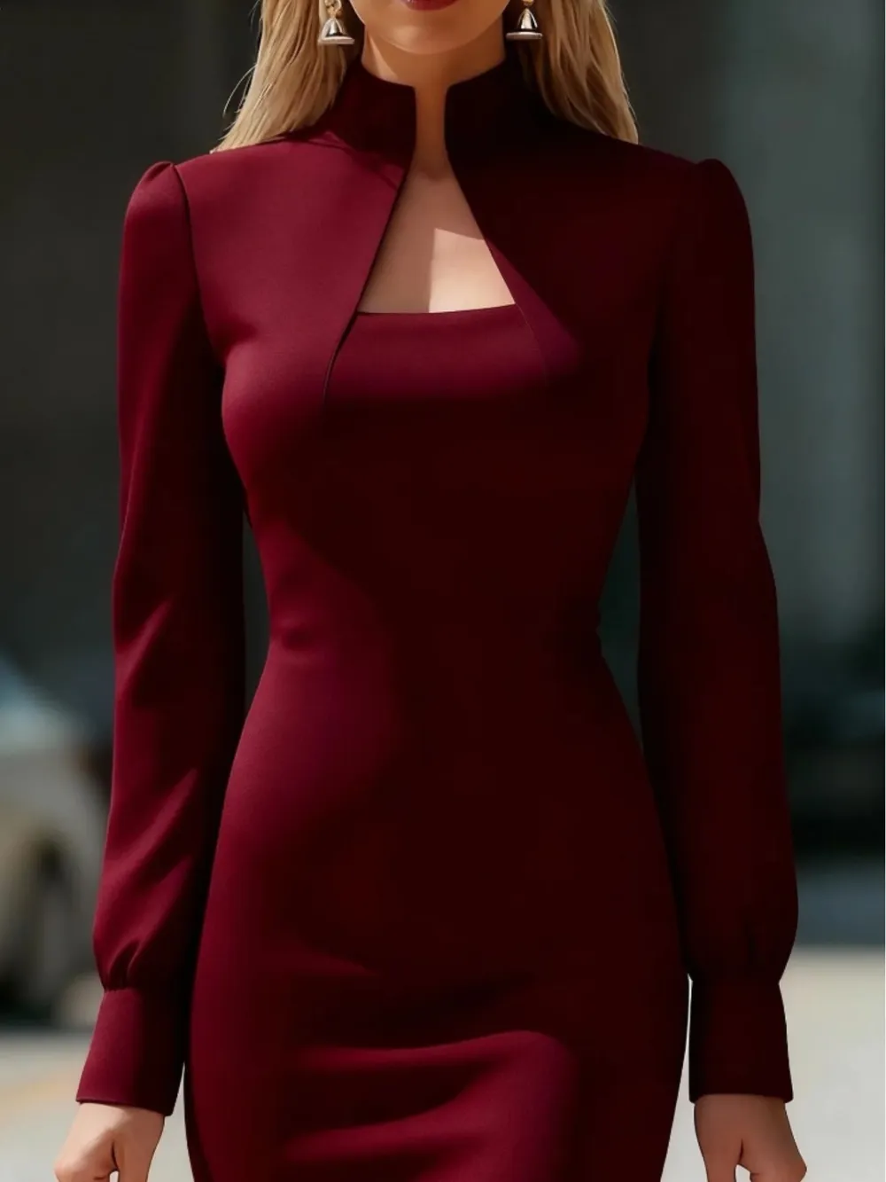 High Neck Slit Long Sleeve Dress Casual