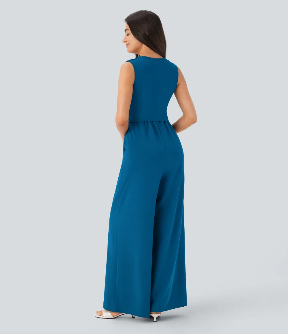 SculptKnit V Neck Sleeveless Ruched Pocket Jumpsuit-Easy Peezy