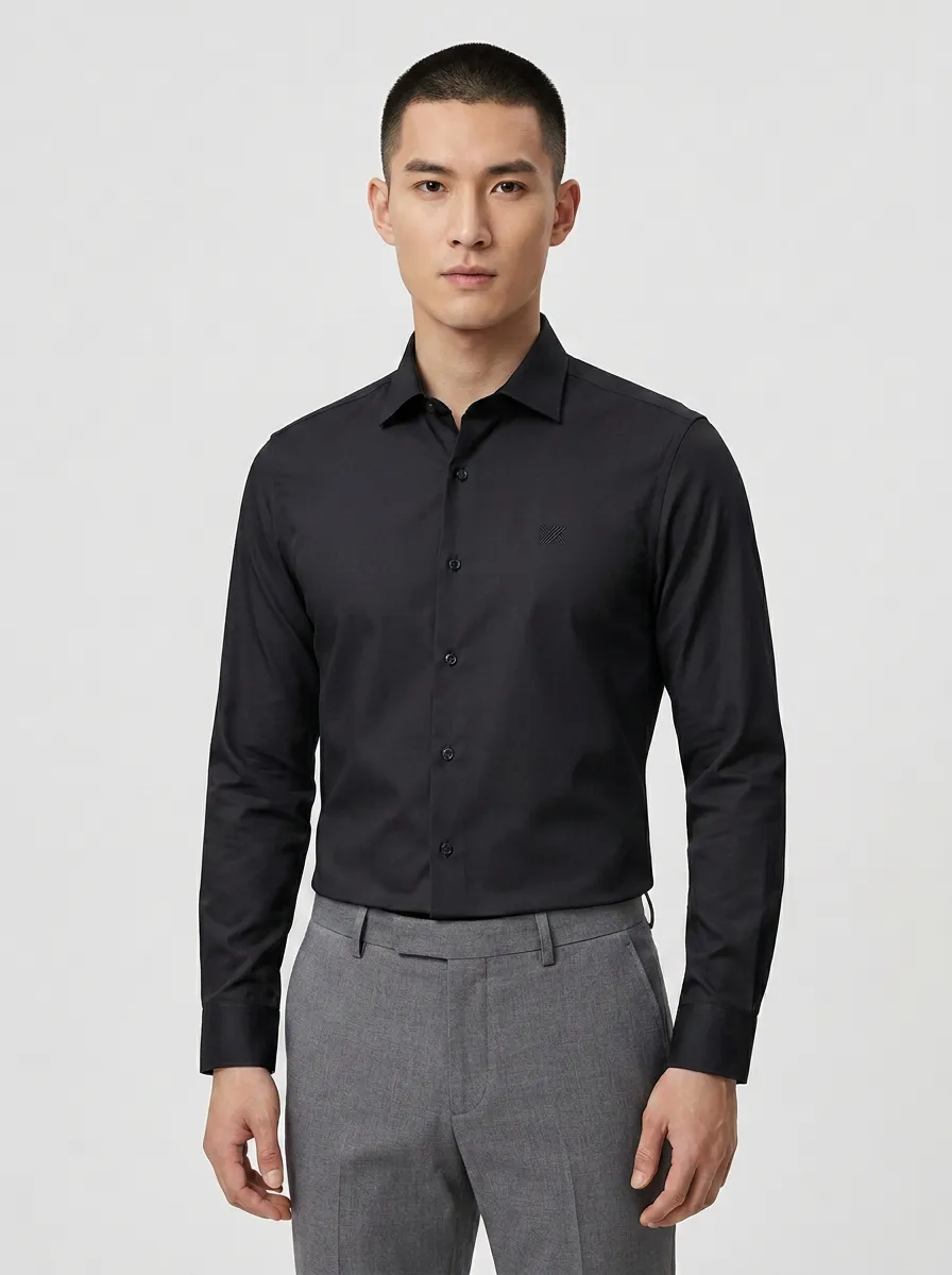 Men's Non-Iron Cotton Light Blue Embroidered Logo Dress Shirt
