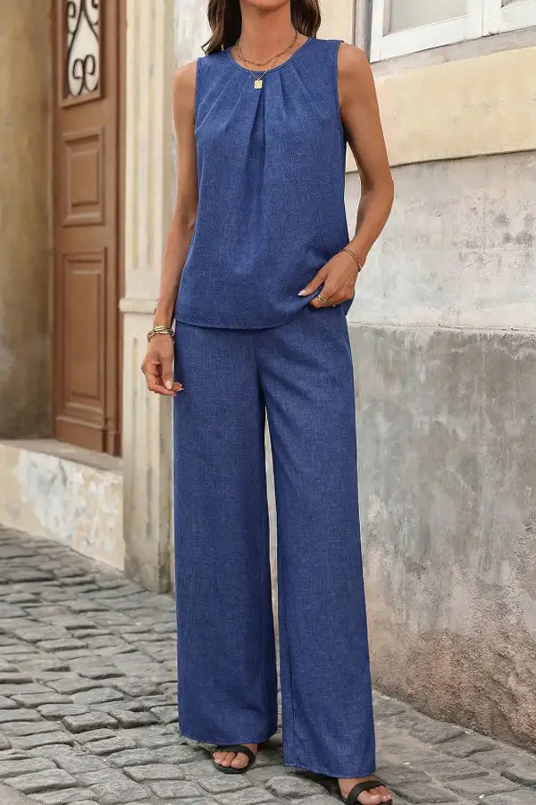 Color Round Neck Casual Two Piece Set