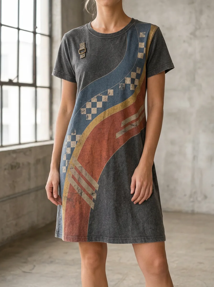 Women's Vintage Geometric Checkered Pattern Printed Dress