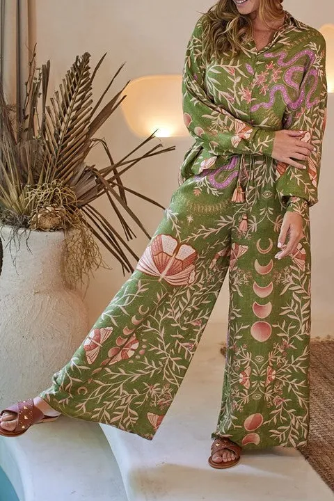 Green Fruit Print Flowy Wide Leg Pants