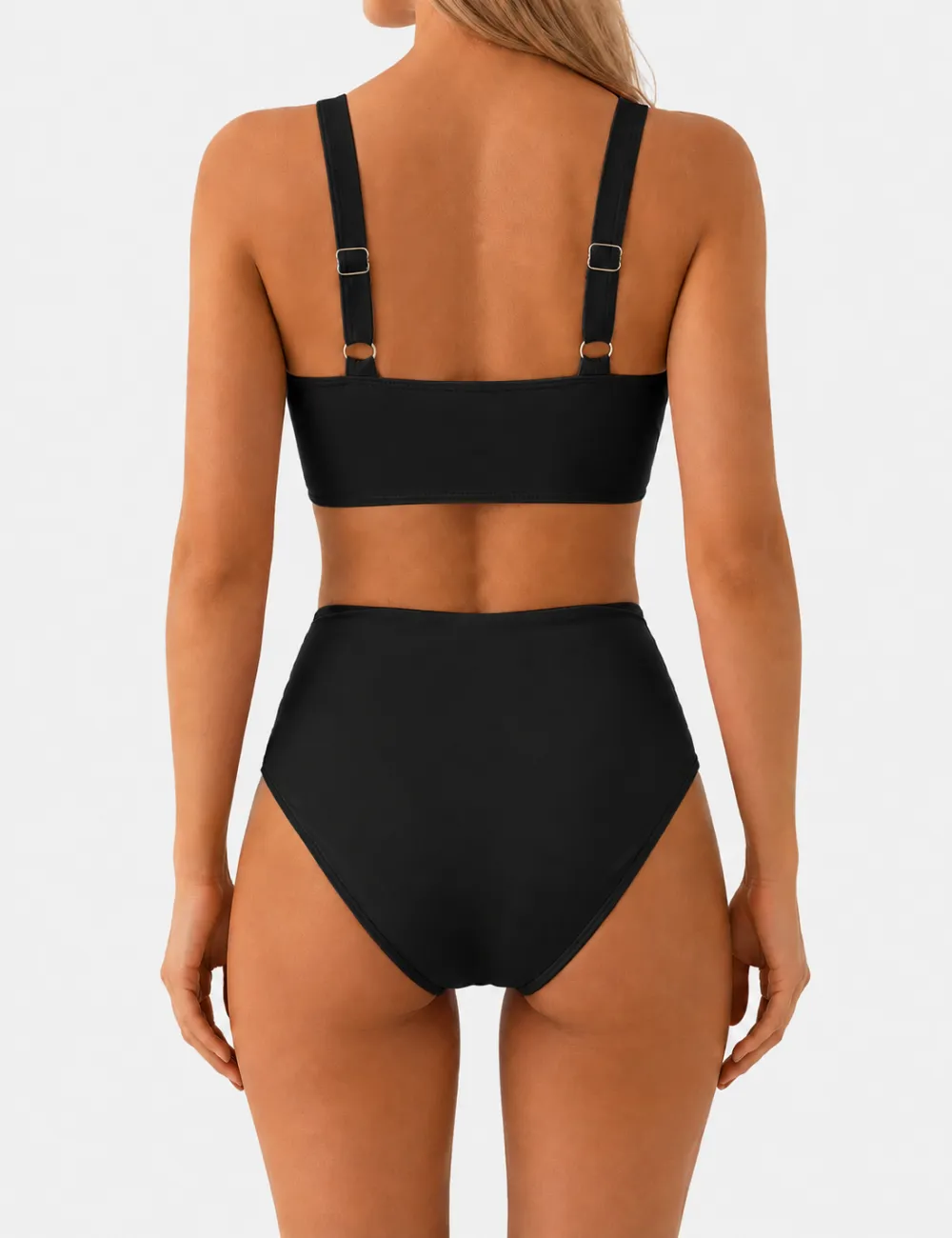 Twist Front V Neck High Waisted Bikini Set