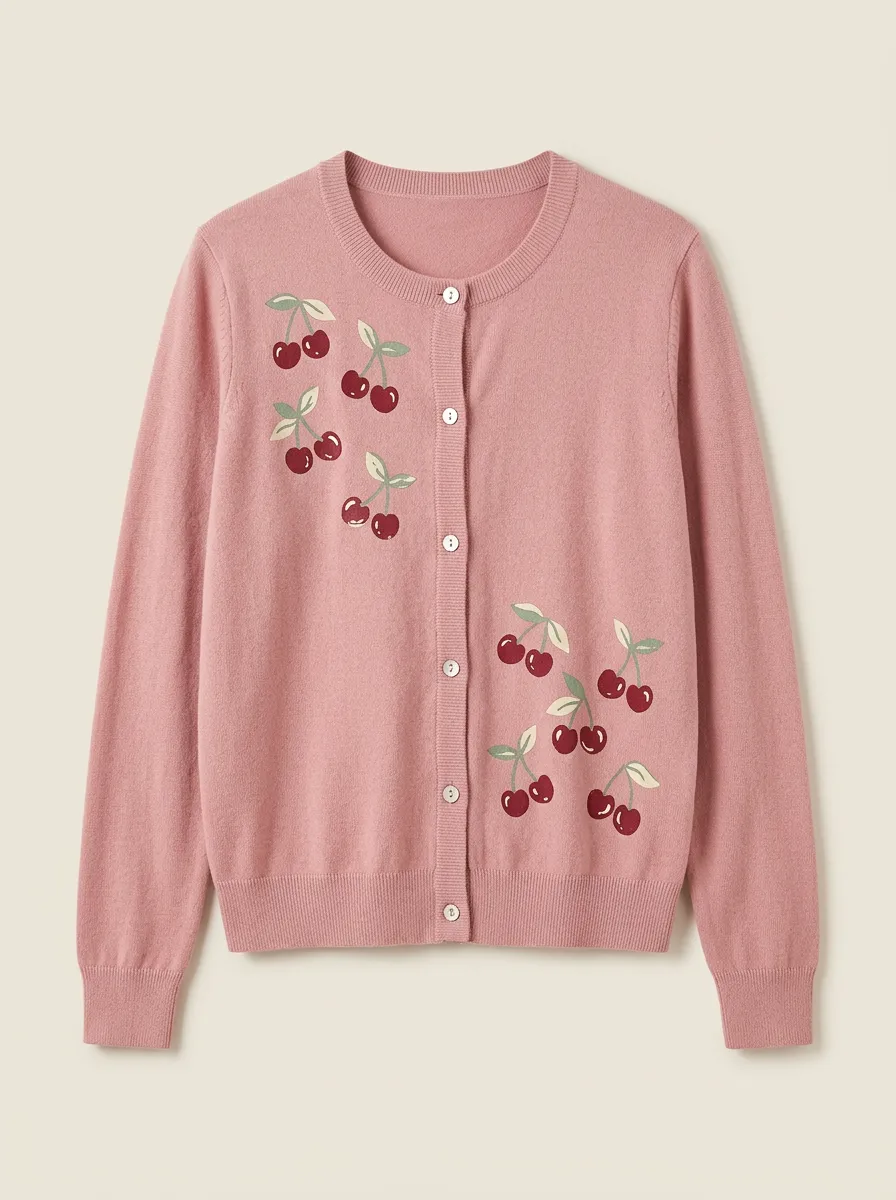 Women's Crew-Neck Graphic-Print Rib-Trim Cardigan