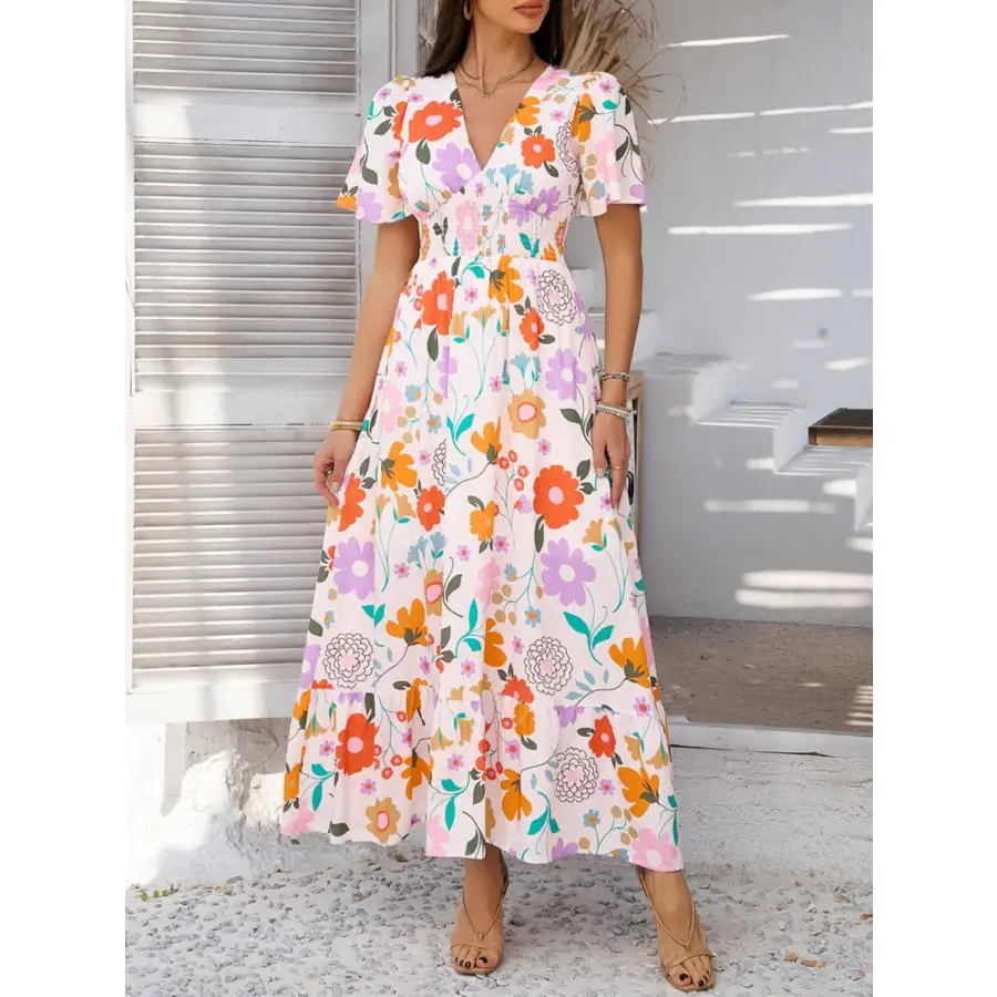 Smocked Printed V Neck Short Sleeve Maxi Dress
