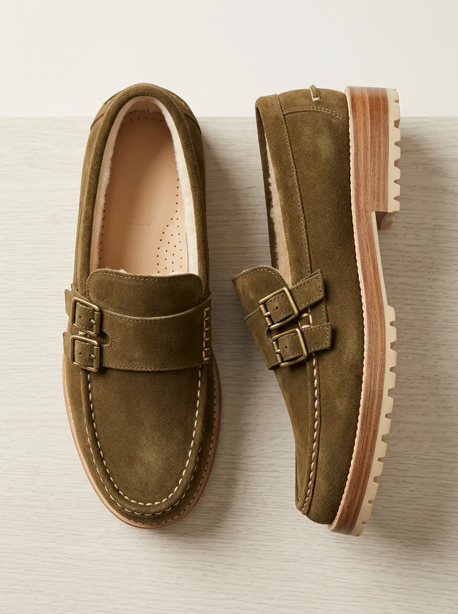 Women's Faux Fur Lined Buckle Detail Suede Wood Sole Loafers
