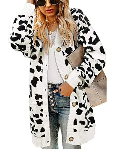 Women's Long Sleeves Open Front Leopard Print Knitted Sweater Cardigan Coat Outwear