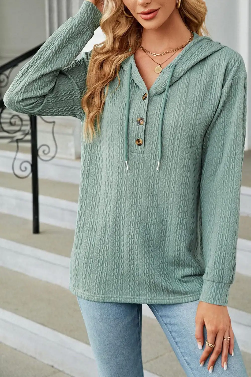 Women's Textured Long Sleeve Button Detail Top