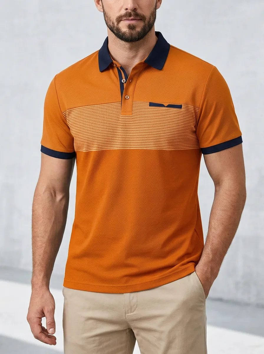 Men's Colorblock Striped Chest Pocket Pocket Polo Shirt
