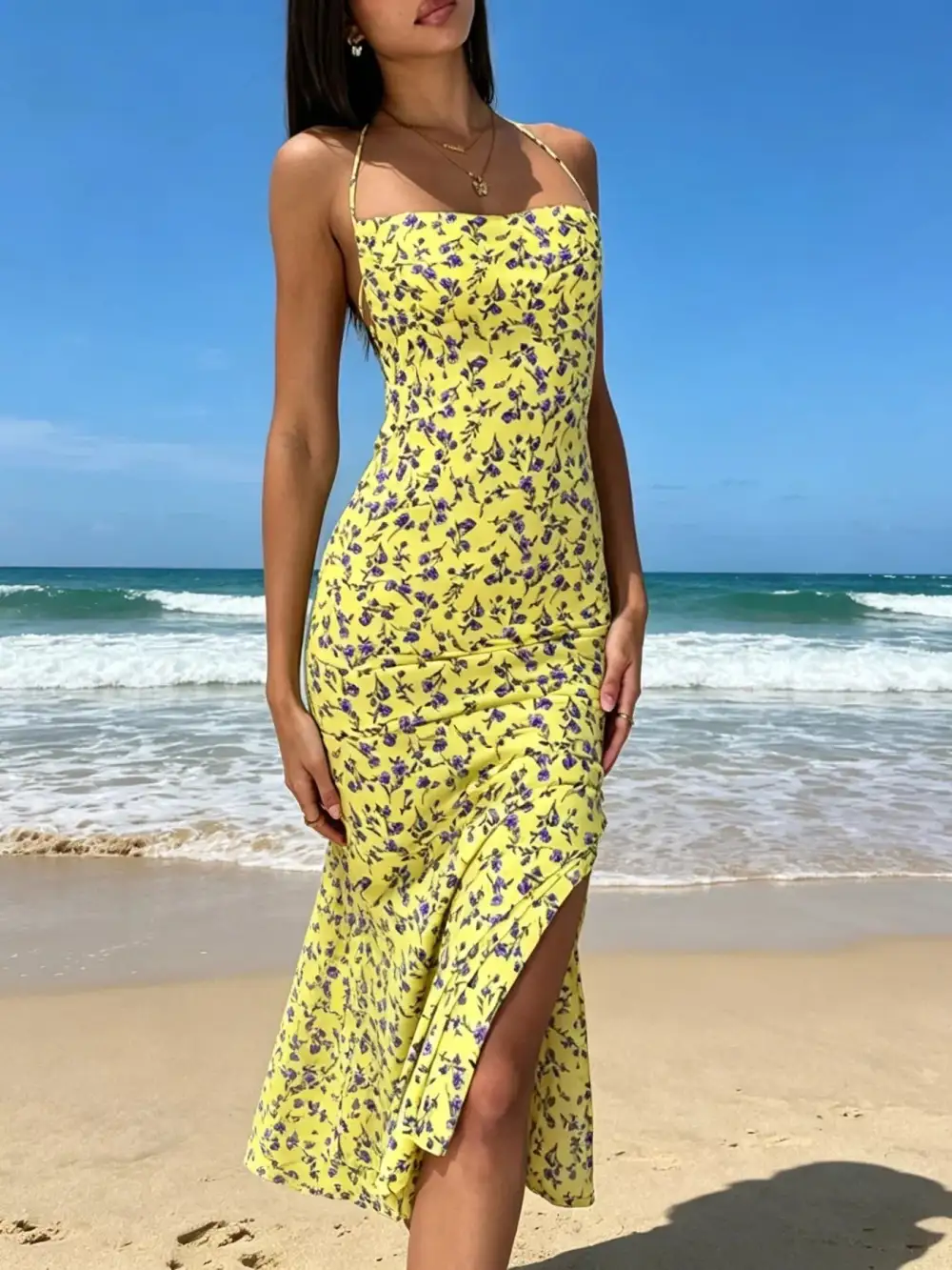 Print Halter Neck Backless Slit Midi Dress