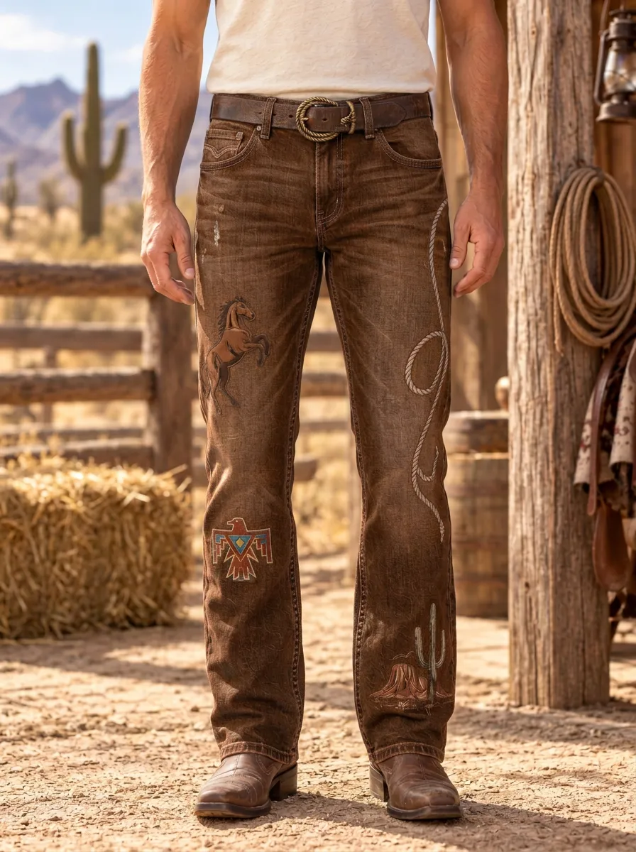Men's Heritage Inspired Western Cowboy Horse Lasso Cactus Jeans