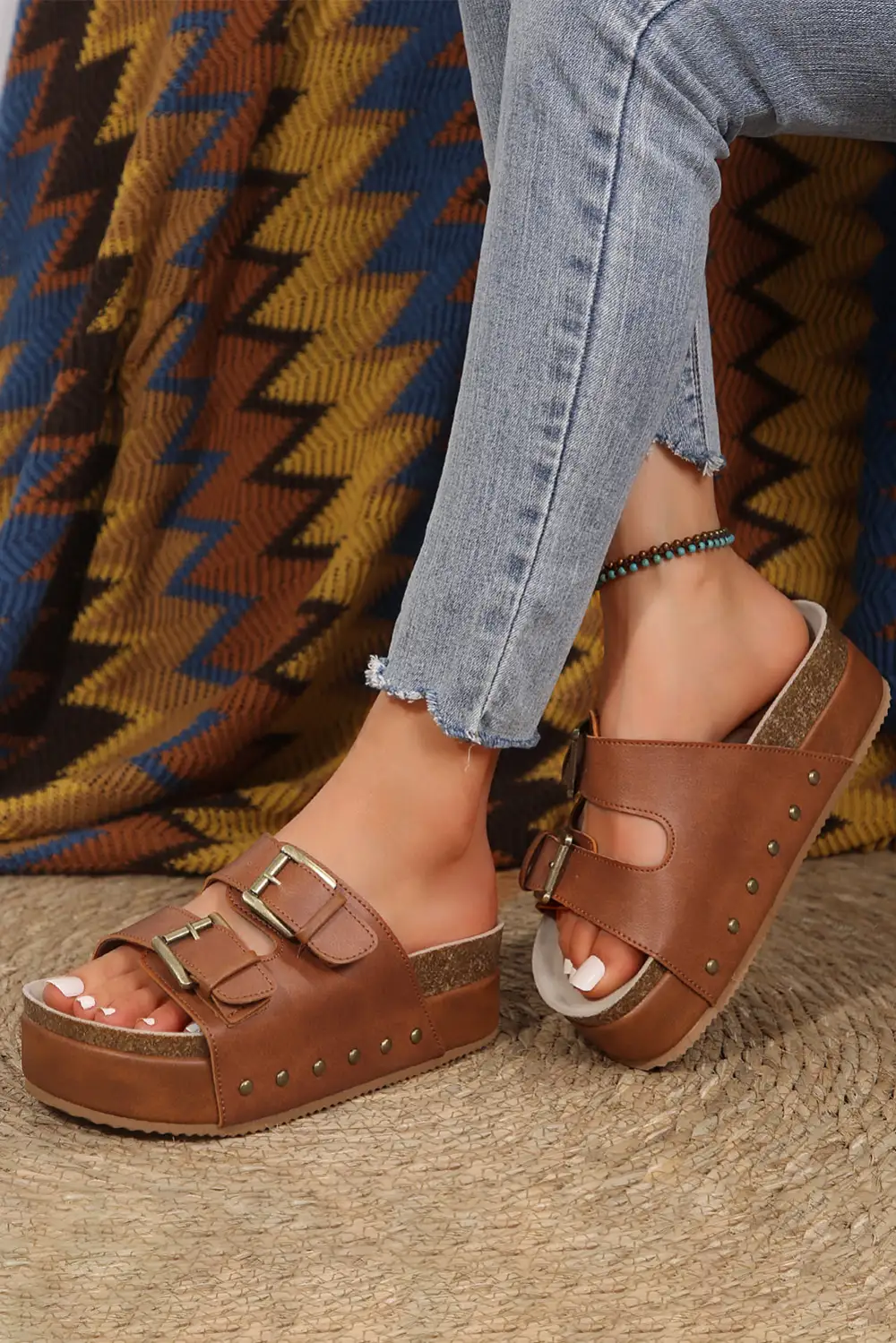 Dual Buckle Studded Platform Sandals Slide Slippers