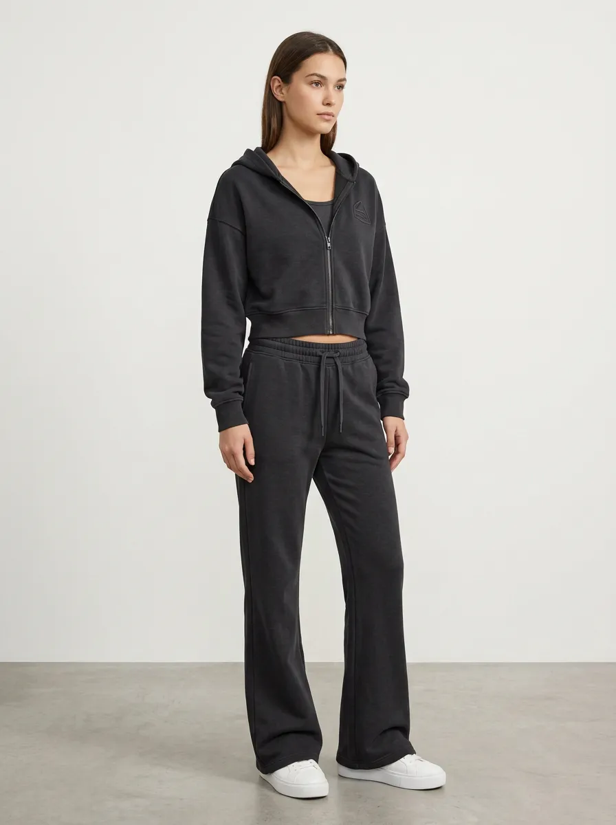 Women's Minimal Sport Inspired Cropped Hooded Jacket and Flare Pants Active Set