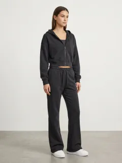 Women's Minimal Sport Inspired Cropped Hooded Jacket and Flare Pants Active Set