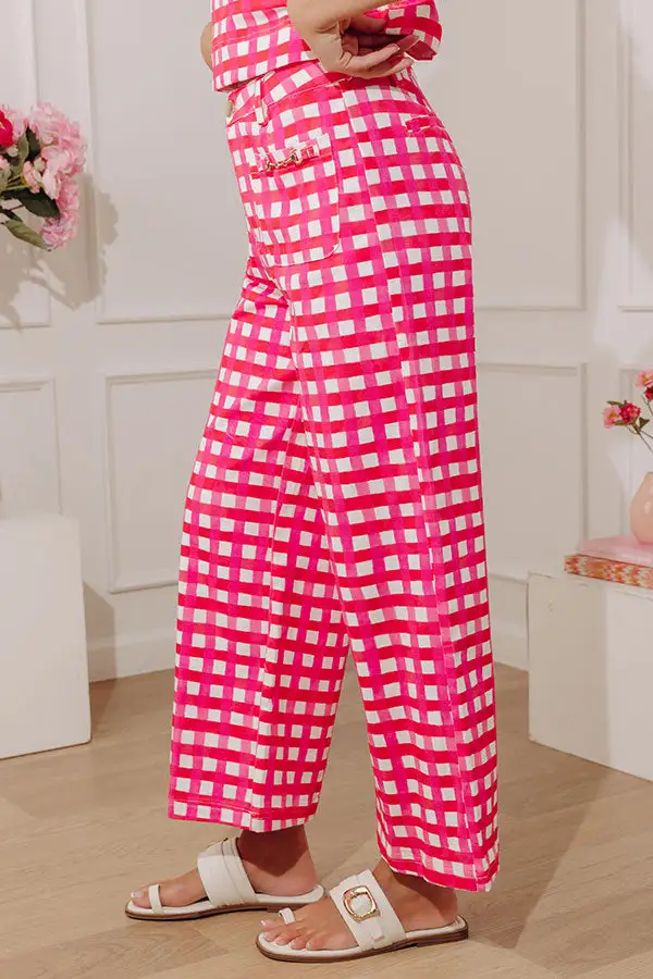 Pink High Waist Gingham Wide Leg Pants