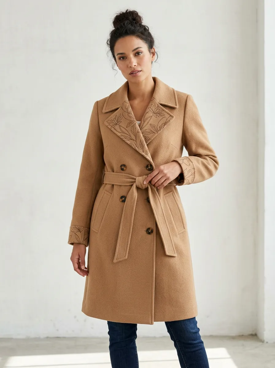 Women's Floral Line Art Camel Printed Trench Coat