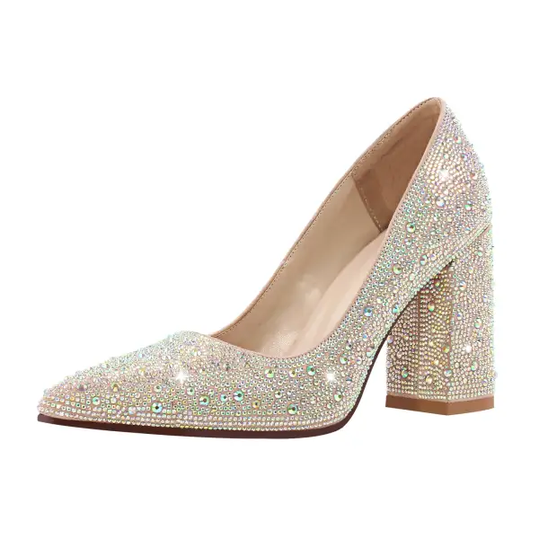 Modern Rhinestone Pointed Toe Chunky Heel Pumps