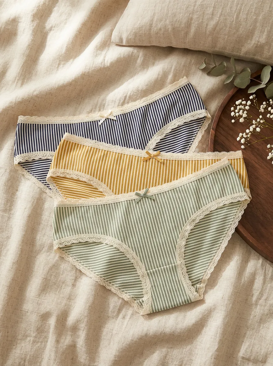 Women's Lace Trim Bow Detail Striped Printed 3-Pack Underwear Set