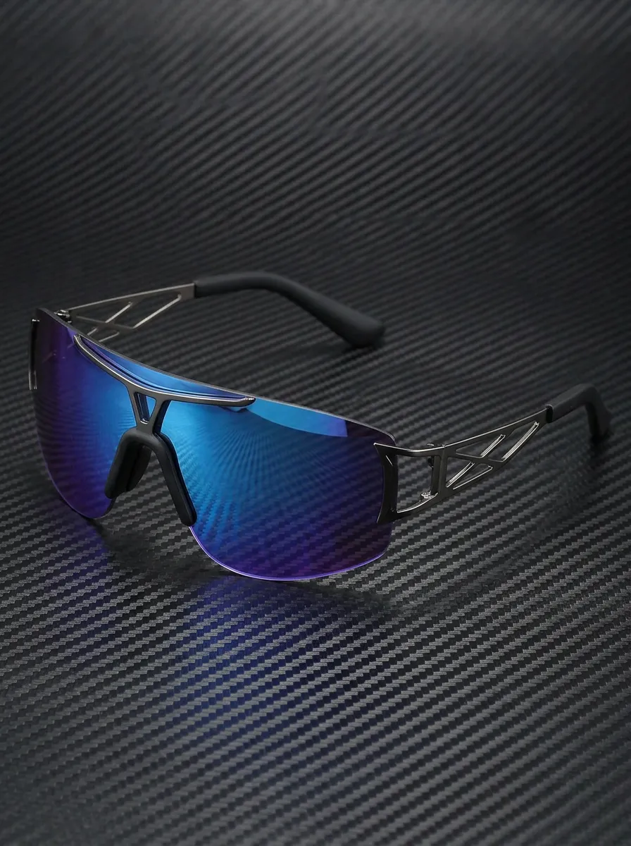 Men's Sporty Blue Mirror Lens Cutout Frame Sunglasses