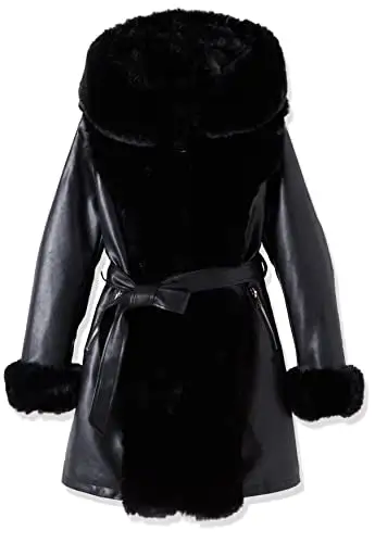 Women's Faux Leather Fleece Lined Coat Winter Hooded Zip-up Parka with Belt