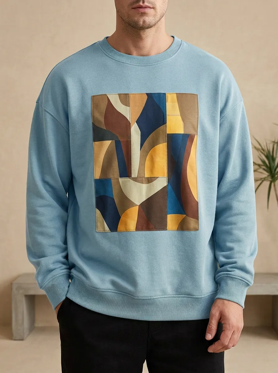 Men's Abstract Geometric Patchwork Printed Crewneck Sweatshirt Modern Pattern