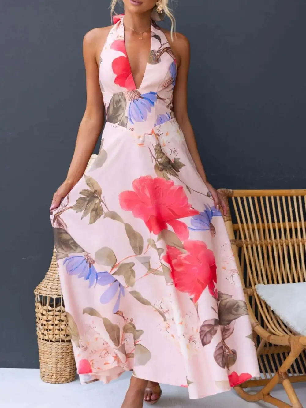 Casual Floral Print Halter Neck Maxi Dress