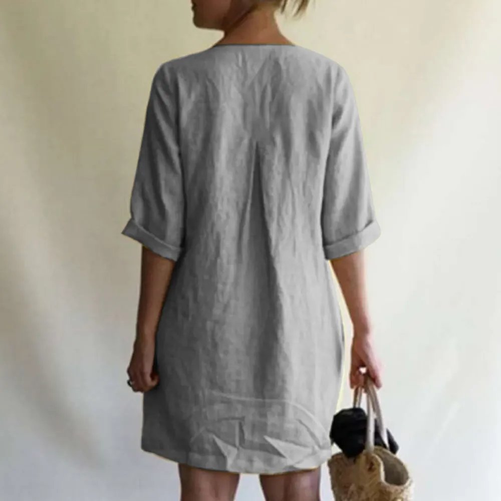 V-Neck Linen Blend Cotton Blend Midi Dress