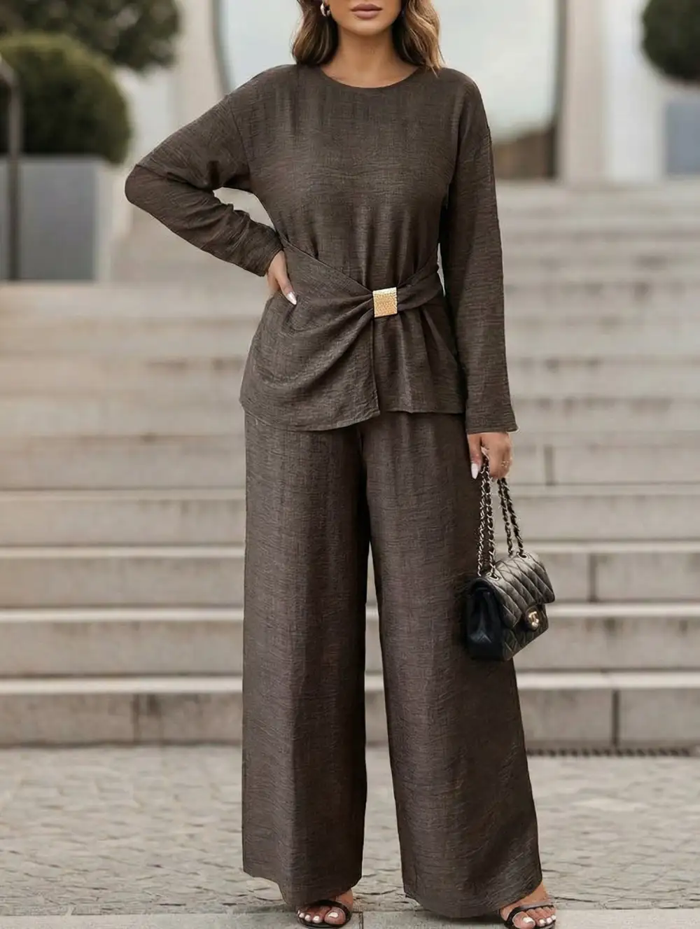 Fitted Round Neck Top and Wide Leg Pants Suit