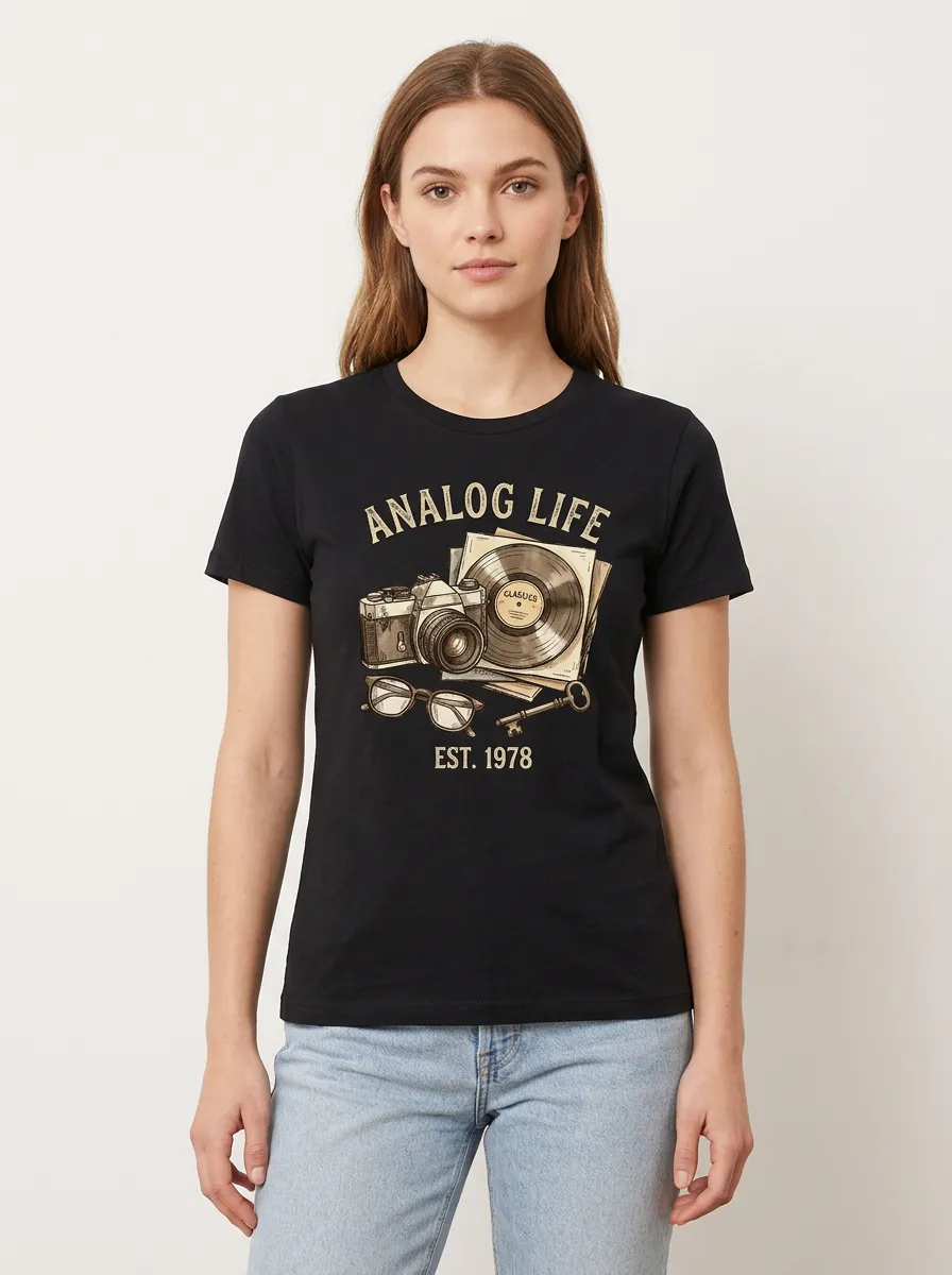 Women's Retro Photography Music-Inspired Analog Life Printed T-Shirt