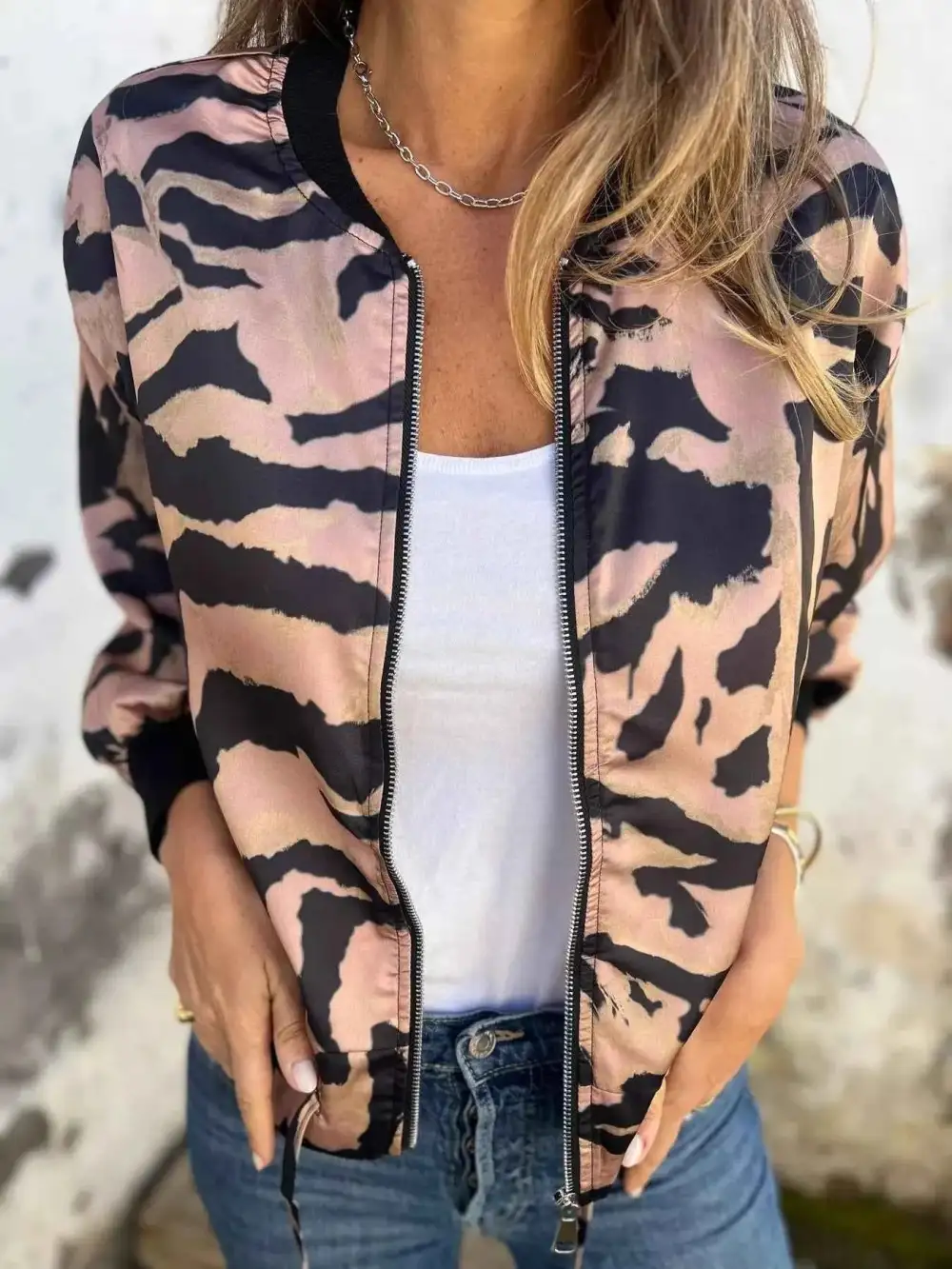 Plus Size Zip-Up Zebra Printed Bomber Jacket