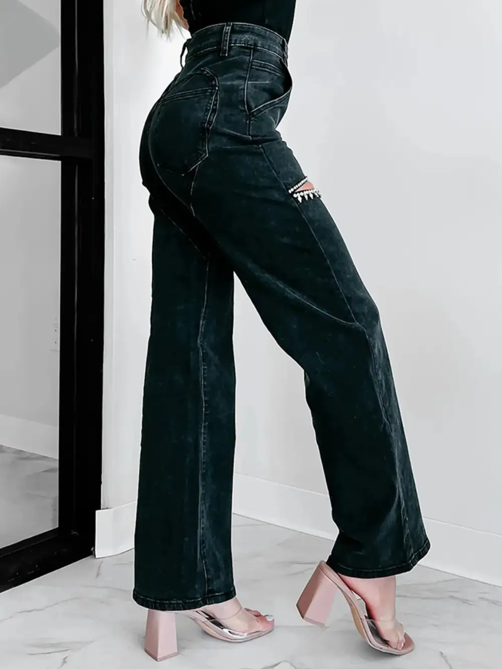 Sharp Wide Leg Ripped Denim Jeans