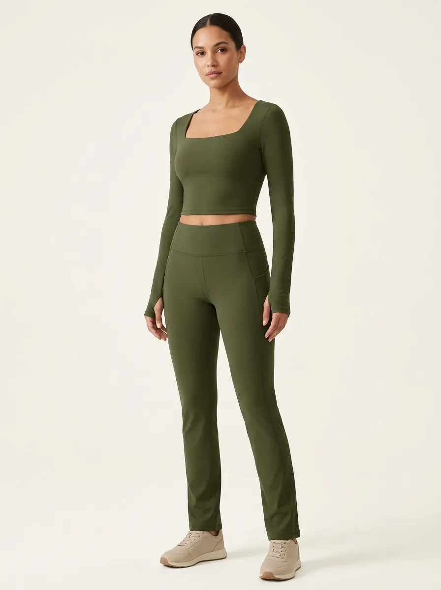 Women's Square-Neck Thumbhole Crop Top and Side-Pocket Legging Set