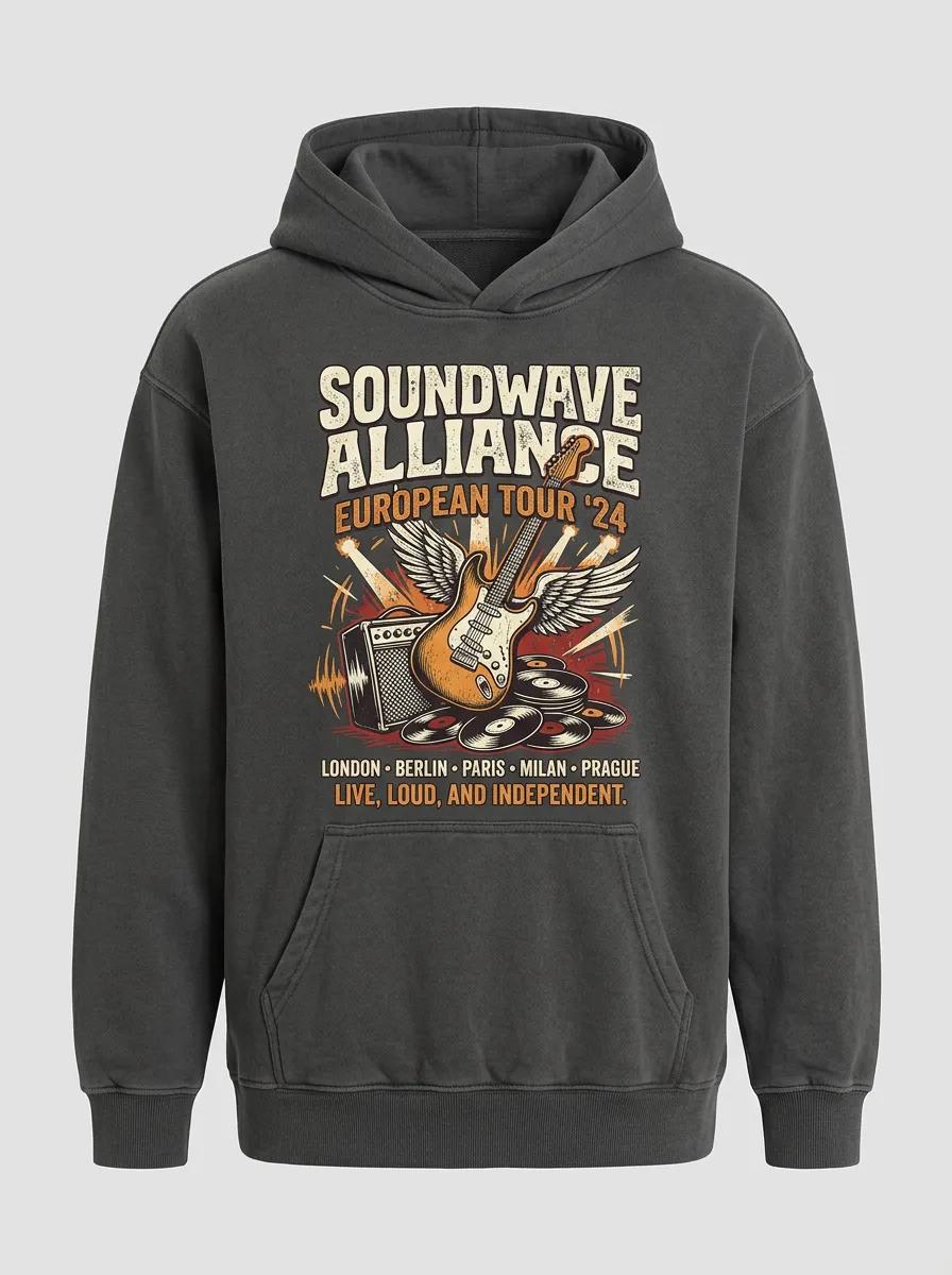 Men‘s Rock Band European Tour Winged Guitar Printed Hoodie