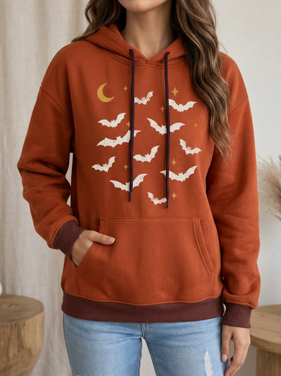 Women's Halloween Moon Bat Stars Printed Hoodie