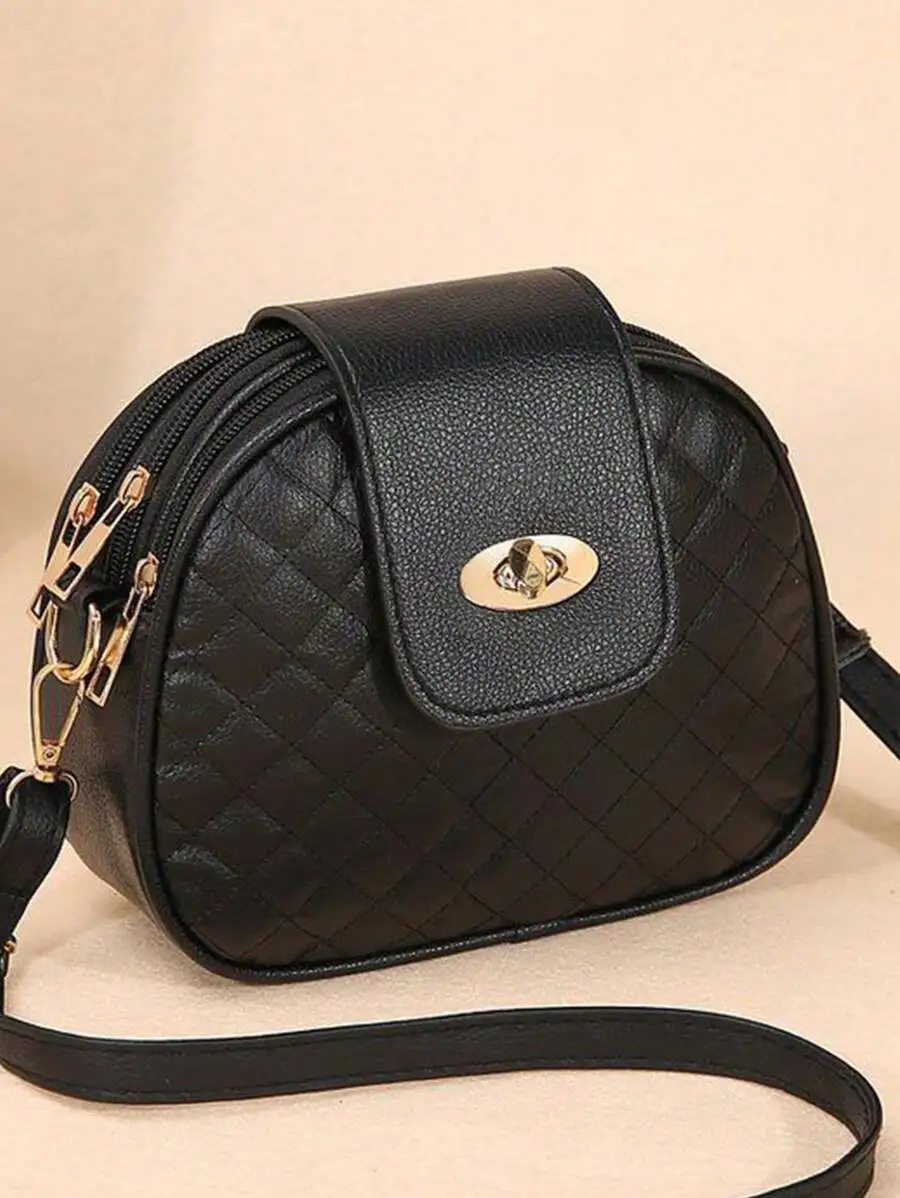 Mini Circle PU Handbag – Beaded Pearl & Geometric Plaid Design