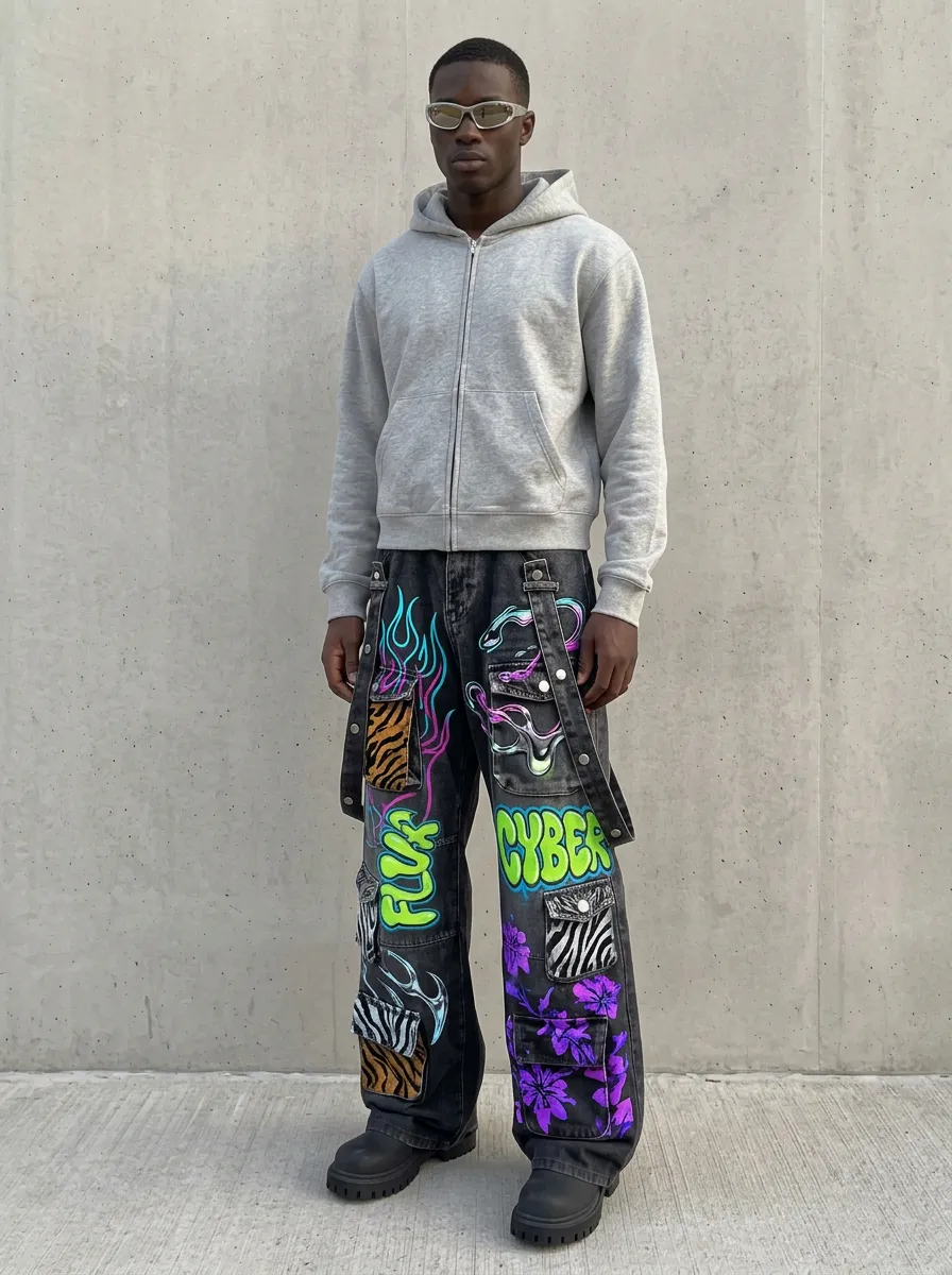 Men's Streetwear Cyber Graffiti Flame Animal Print Graphic Cargo Jeans