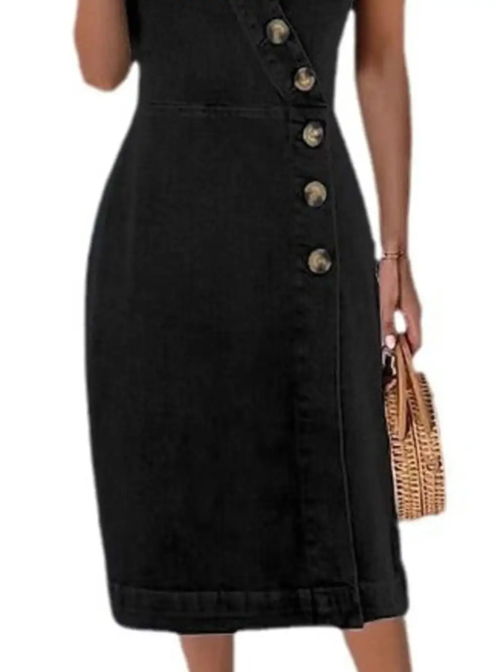 Relaxed Shape Denim Button Front Sleeveless Dress