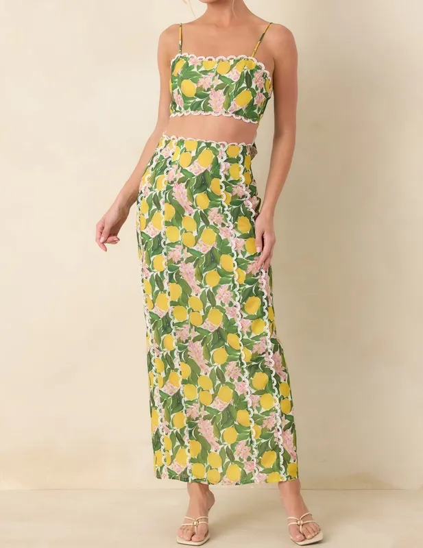 Yellow Lemon Print Maxi Skirt