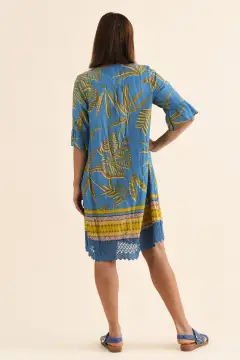 Above-Knee Graphic Cotton Pleated V-Neck Half-Sleeve A-Line Tunic Dress