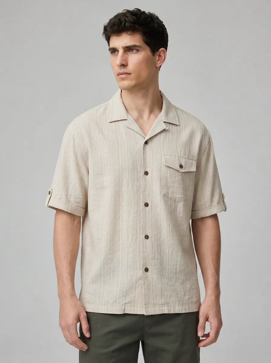 Men's Casual Summer Beige Striped Breathable Button Down Shirt
